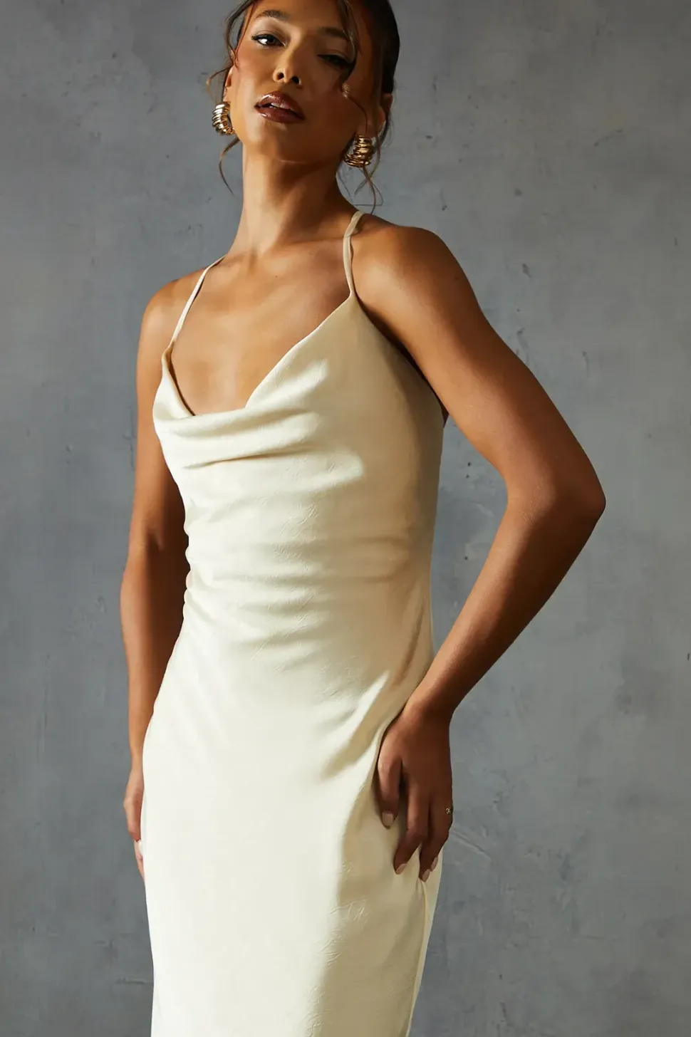 Textured Satin Cowl Neck Maxi Dress