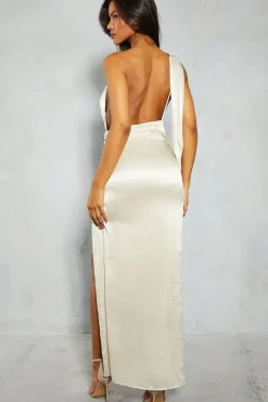 Textured Satin One Shoulder Ruched Midi Dress