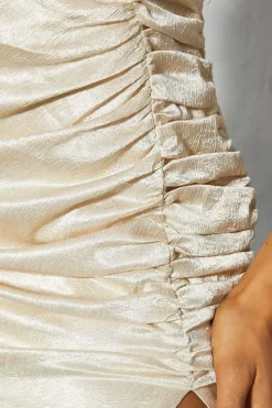Textured Satin One Shoulder Ruched Midi Dress
