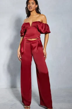 Textured Satin Pleated Bust Frill Bardot Top