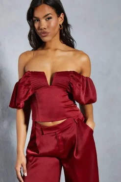 Textured Satin Pleated Bust Frill Bardot Top