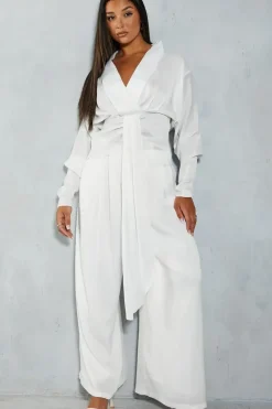 Textured Satin Plunge Neckline Drape Detail Blouse