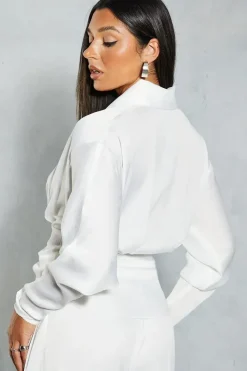 Textured Satin Plunge Neckline Drape Detail Blouse