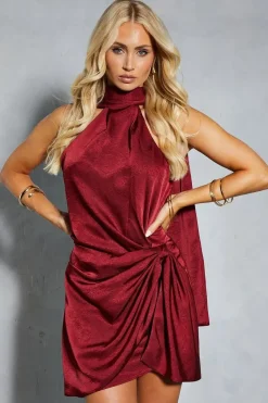 Textured Satin Scarf Detail Ruched Wrap Mini Dress