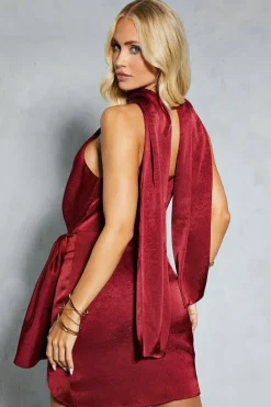 Textured Satin Scarf Detail Ruched Wrap Mini Dress