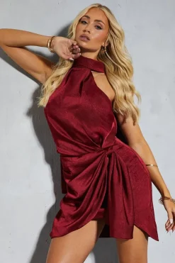 Textured Satin Scarf Detail Ruched Wrap Mini Dress