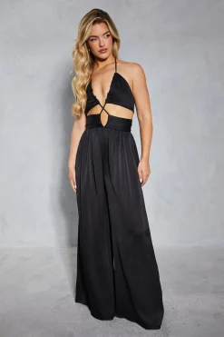 Textured Satin Strappy Cut Out Jumpsuit