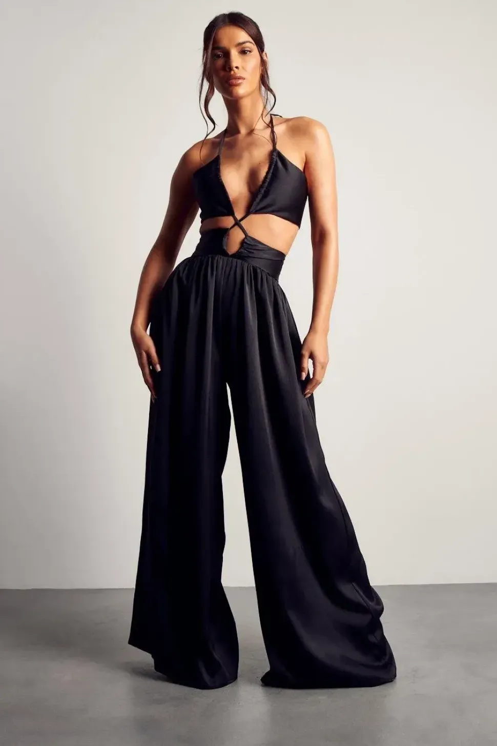 Textured Satin Strappy Cut Out Jumpsuit