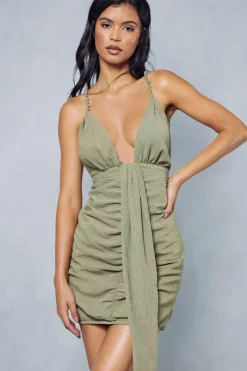 Textured Strappy Plunge Drape Bodycon Mini Dress