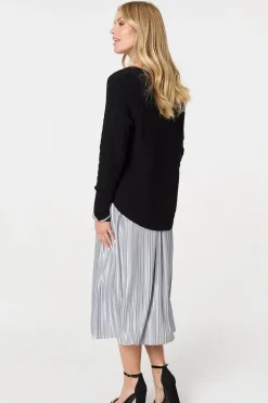 Textured V-Neck Relaxed Curve Hem Jumper
