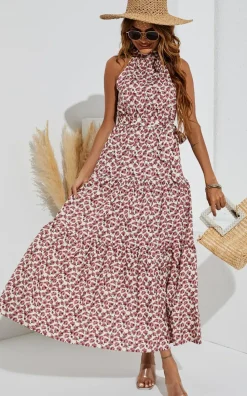 Tie Back Halter Neck Maxi Layer Dress In Pink Flora Print