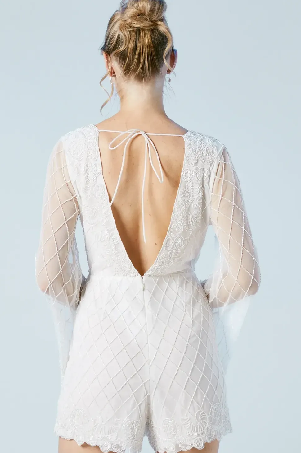 Tie Back Scallop Edge Embellished Bridal Playsuit