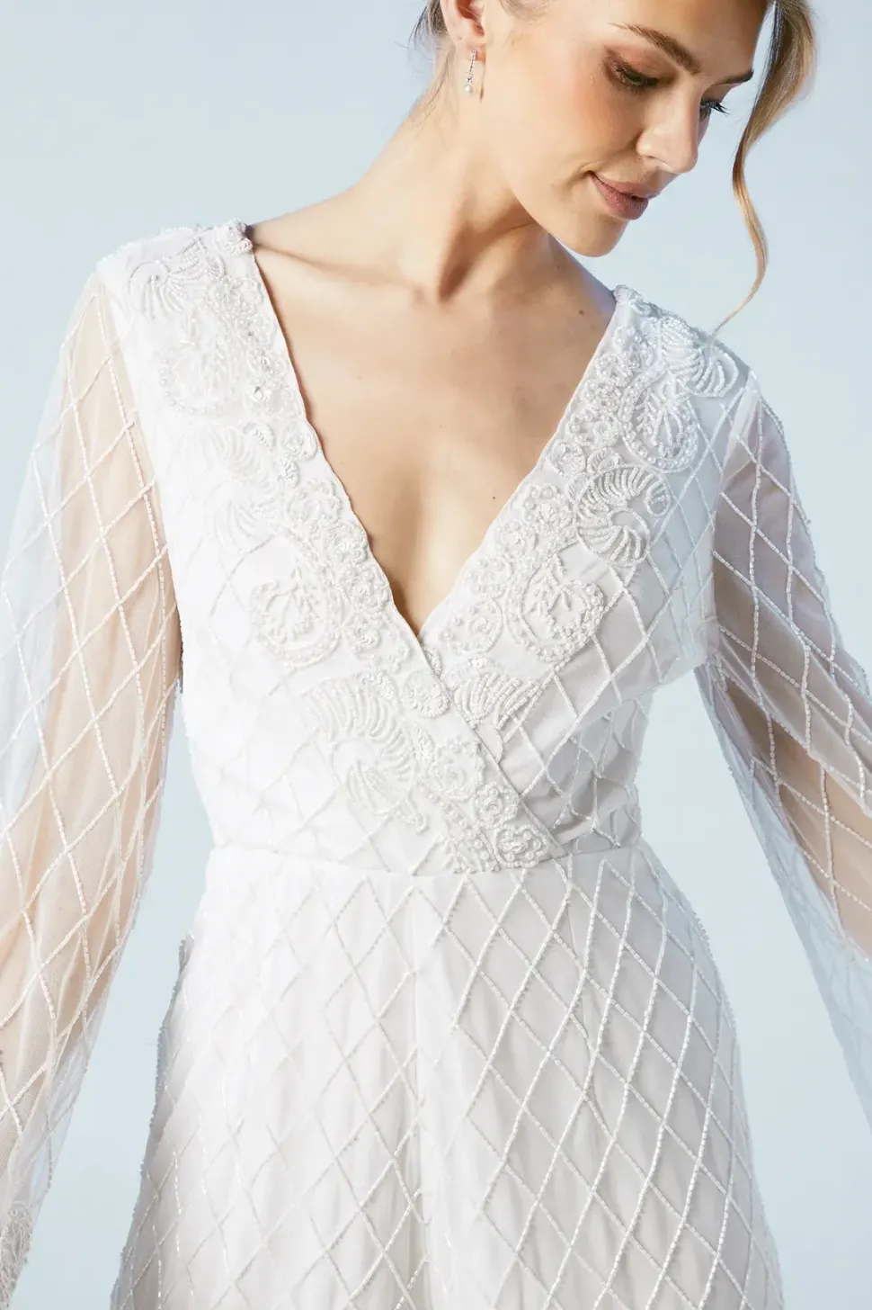 Tie Back Scallop Edge Embellished Bridal Playsuit