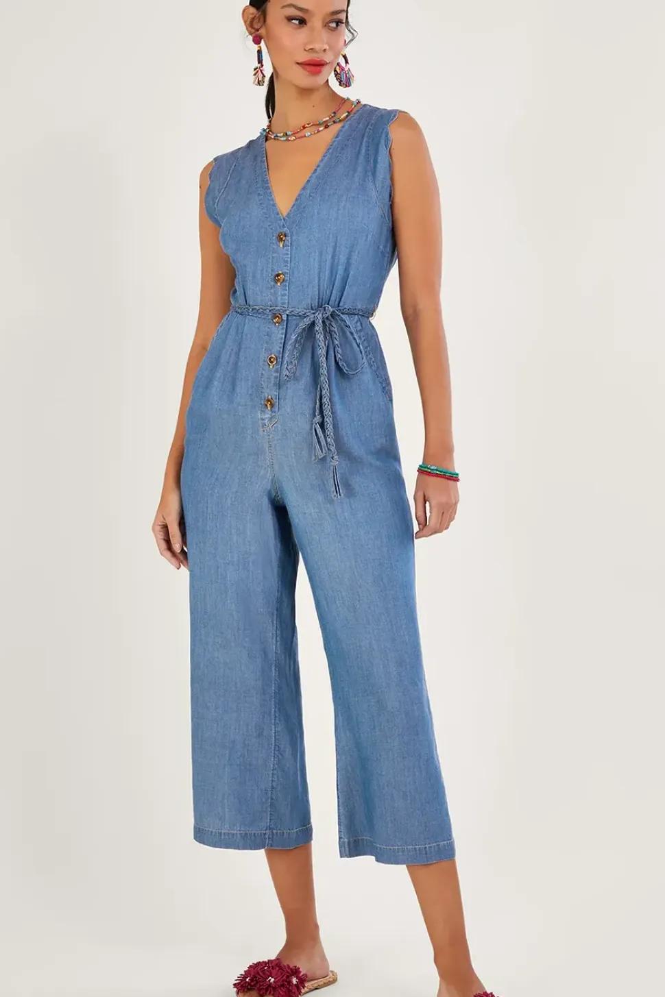 Tie Belt Denim Jumpsuit