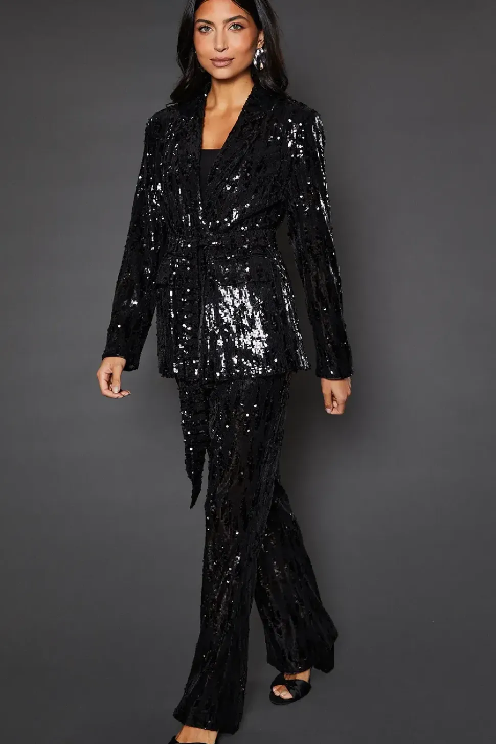 Tie Belted Sequin Blazer