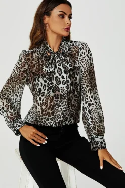 Tie Detail long sleeve Blouse Top In Beige