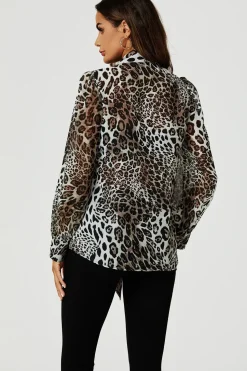Tie Detail long sleeve Blouse Top In Beige
