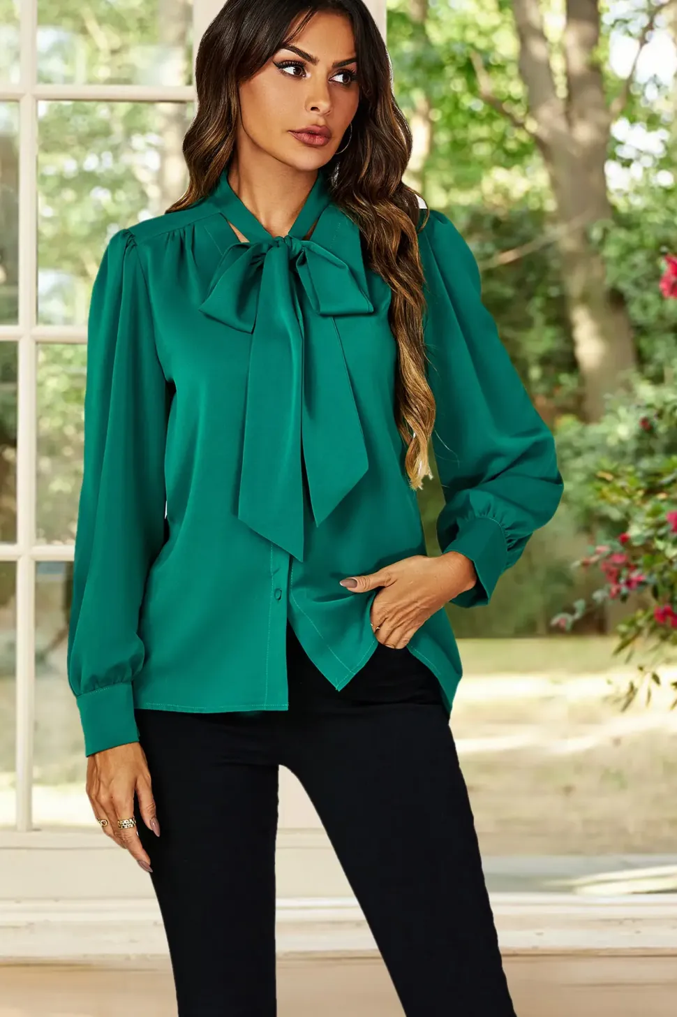 Tie Detail long sleeve Blouse Top In Green
