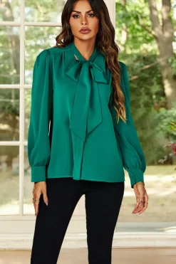 Tie Detail long sleeve Blouse Top In Green