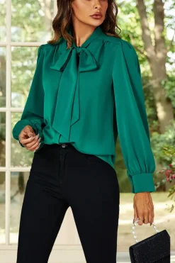 Tie Detail long sleeve Blouse Top In Green