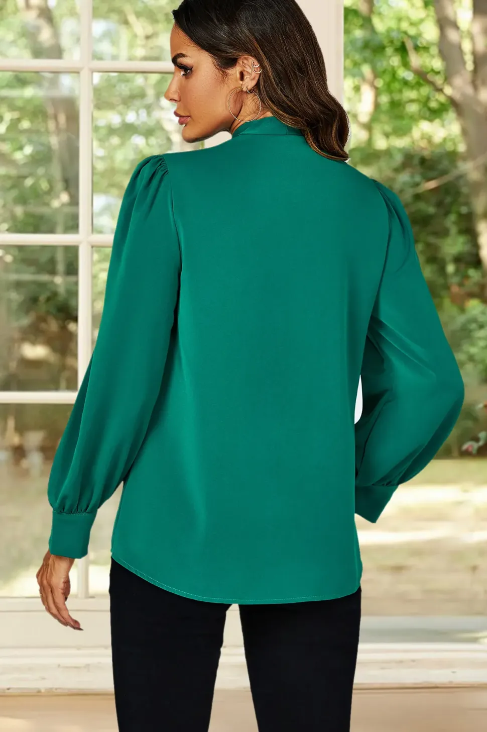 Tie Detail long sleeve Blouse Top In Green