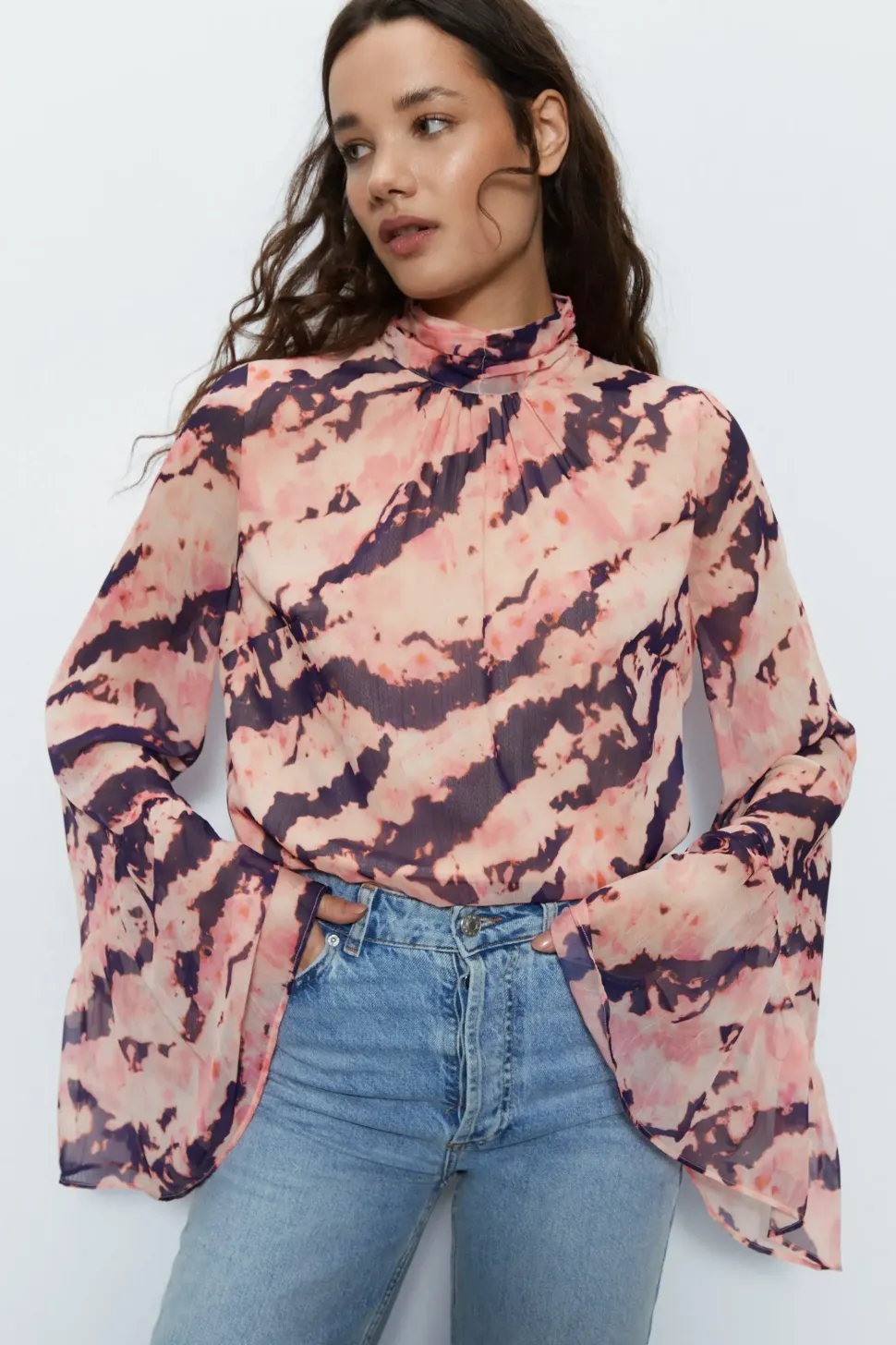 Tie Dye High Neck Flute Sleeve Blouse
