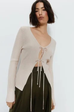 Tie Front Ribbed Knit Cardigan