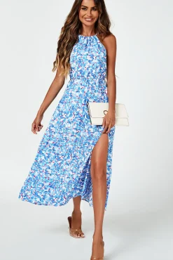 Tie Halterneck Floral Print Split Maxi Dress In Blue