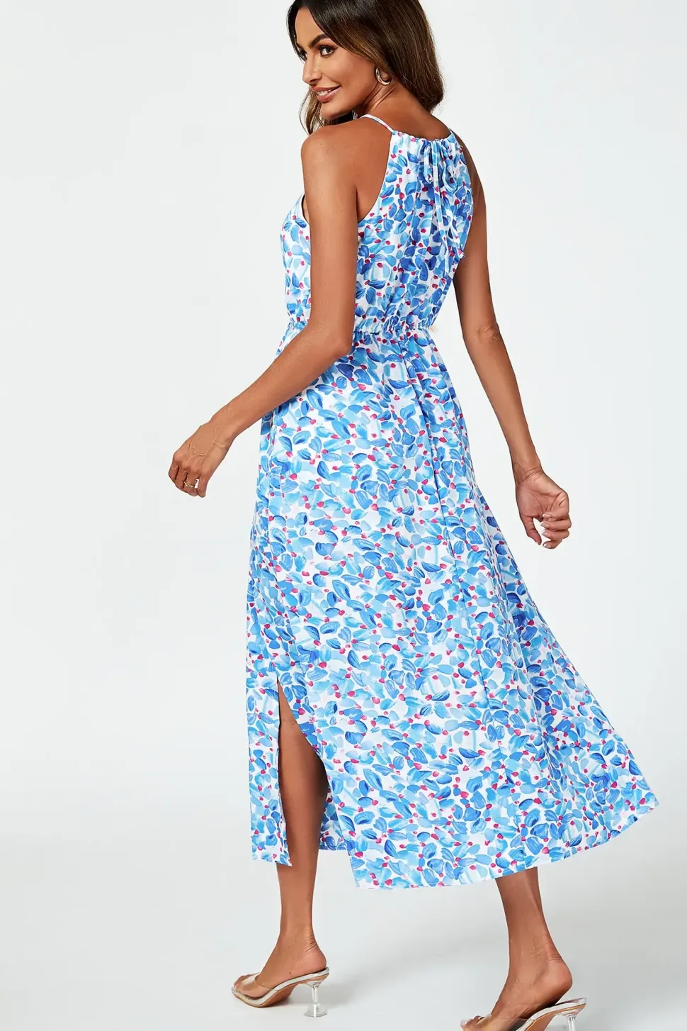 Tie Halterneck Floral Print Split Maxi Dress In Blue