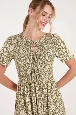 Tie Keyhole Front Puff Sleeve Dress