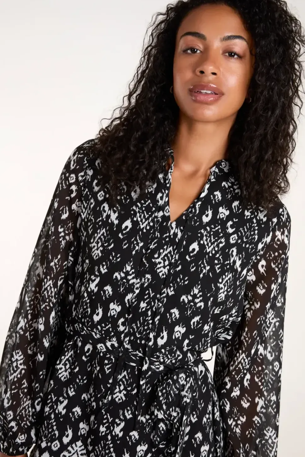 Tie Neck Belted Waist Smock Mini Dress