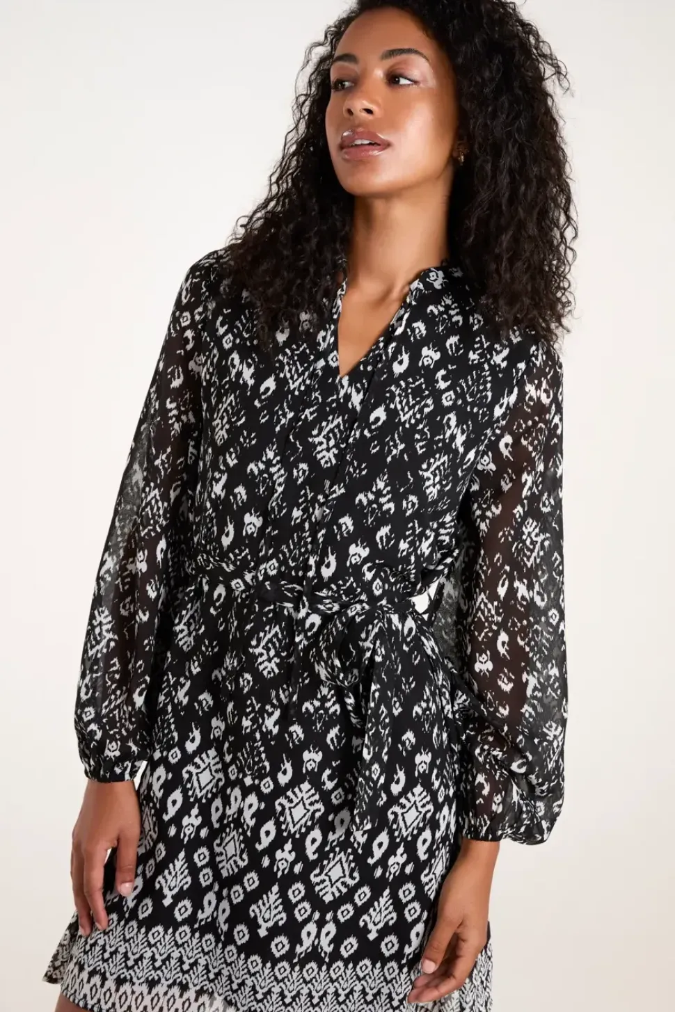 Tie Neck Belted Waist Smock Mini Dress