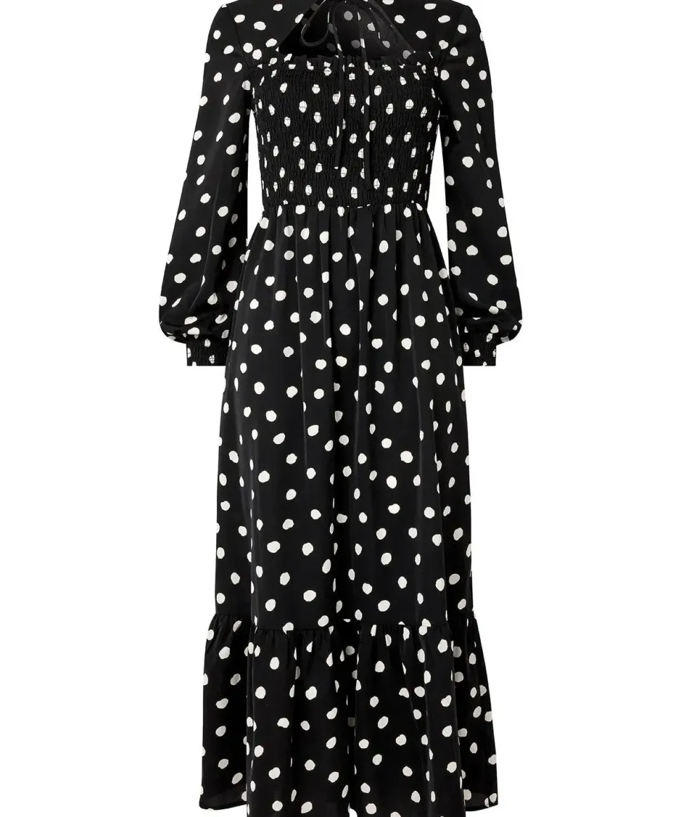 Tie-Neck Polka Dot Midi Dress