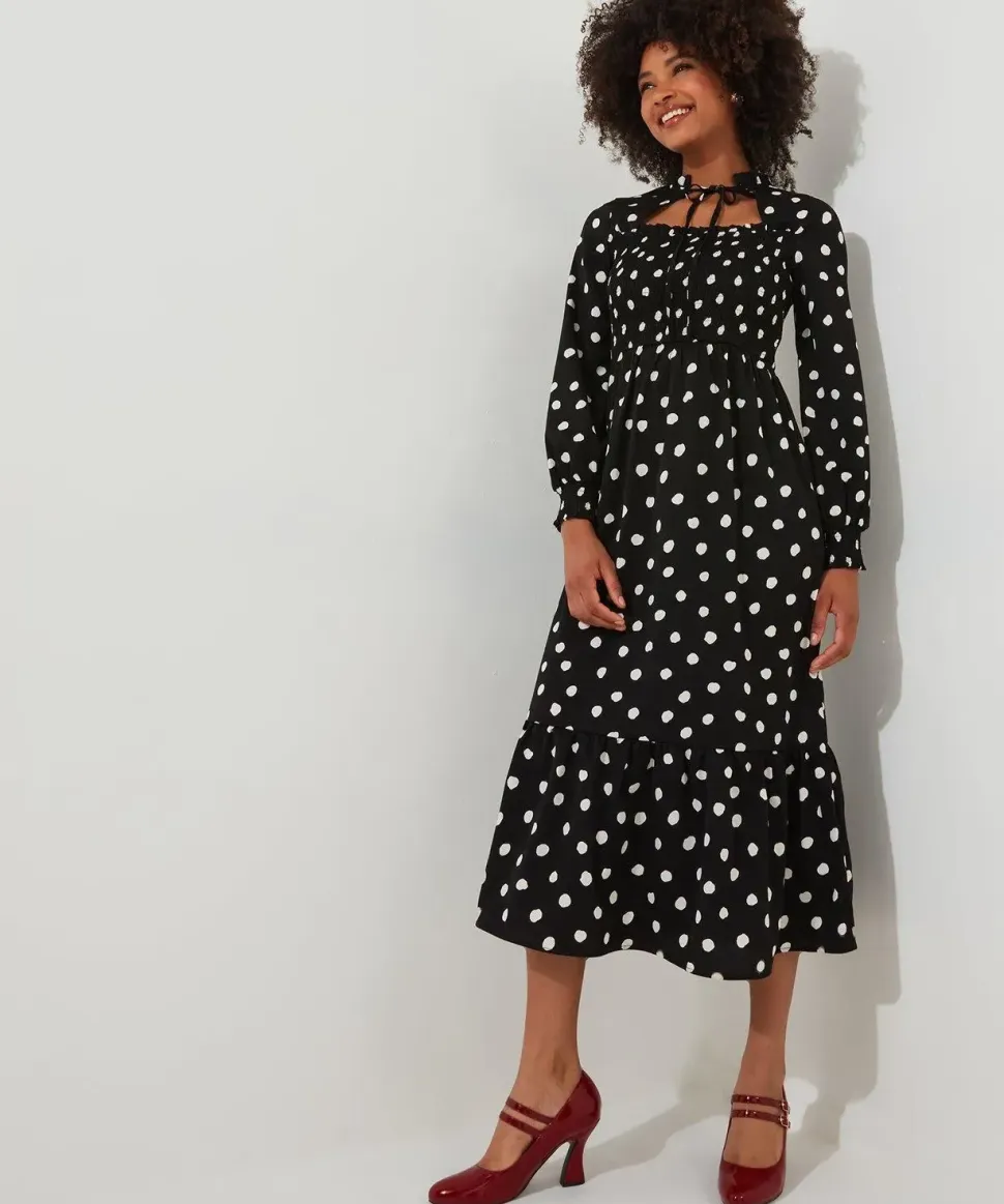 Tie-Neck Polka Dot Midi Dress