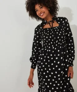 Tie-Neck Polka Dot Midi Dress