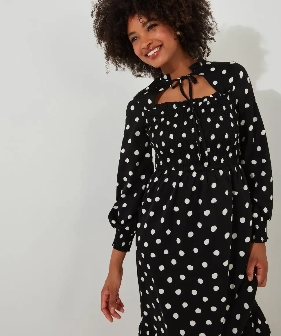Tie-Neck Polka Dot Midi Dress