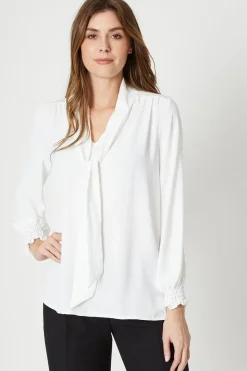 Tie Neck Shirred Cuff Top