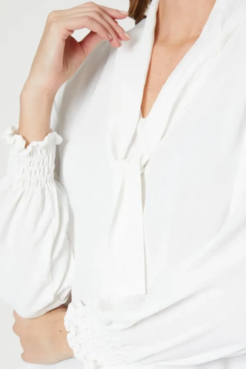 Tie Neck Shirred Cuff Top