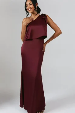 Tie One Shoulder Satin Bridesmaid Maxi Dress