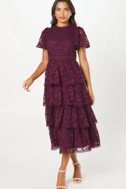 Tiered Lace Dress With Flutter Sleeve & Trims