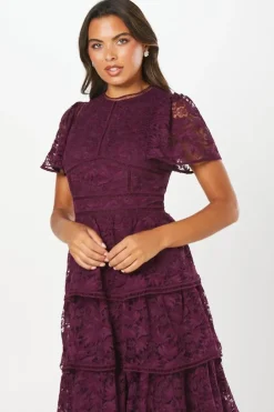 Tiered Lace Dress With Flutter Sleeve & Trims