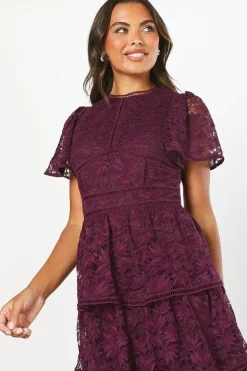 Tiered Lace Dress With Flutter Sleeve & Trims