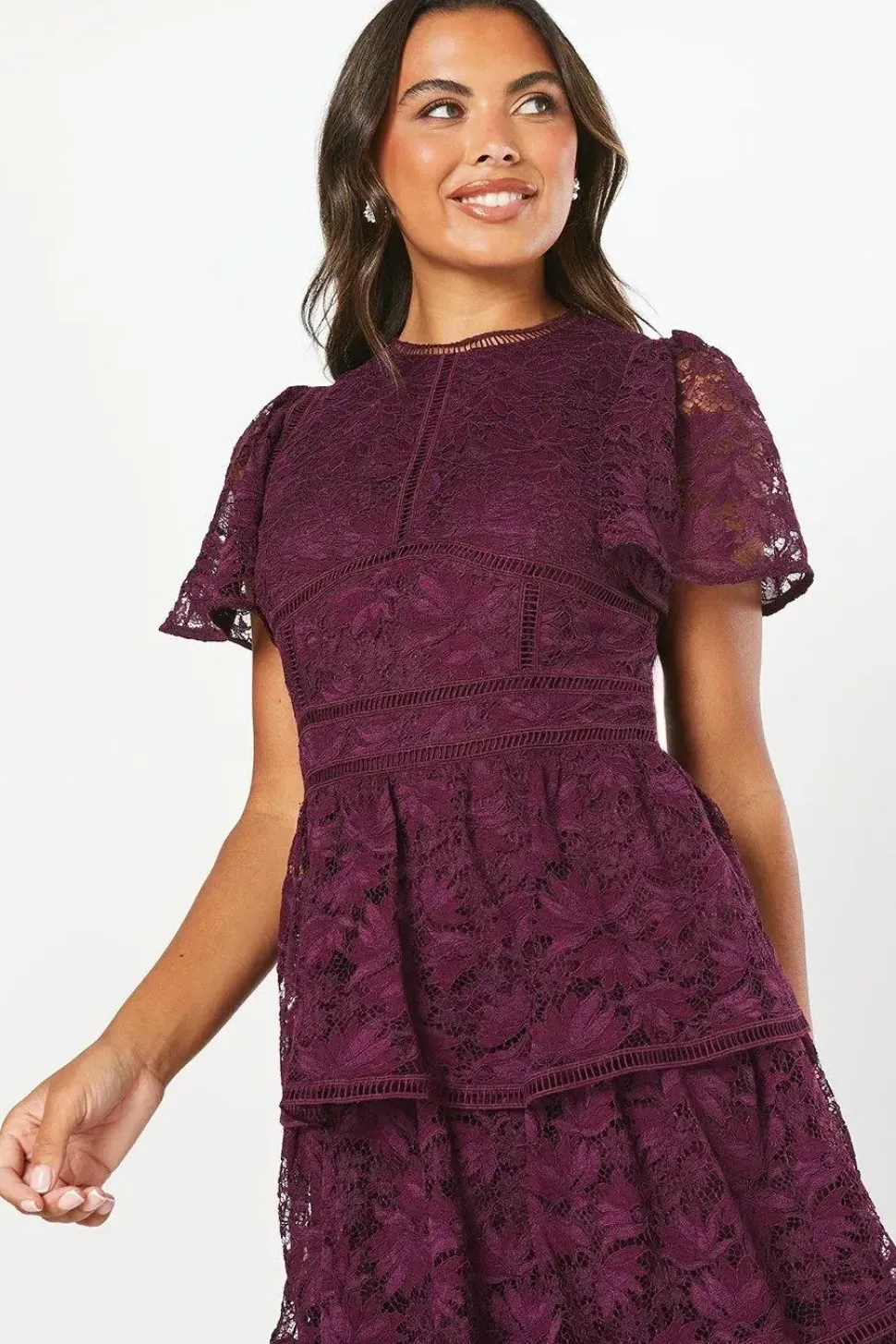 Tiered Lace Dress With Flutter Sleeve & Trims