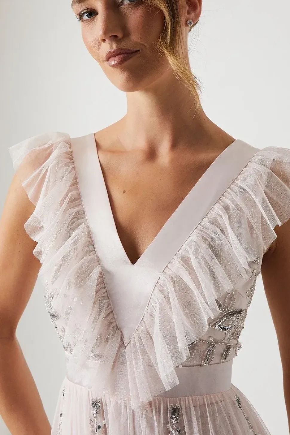Tiered Mesh Bridesmaid Dress With Embellishment