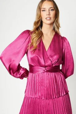 Tiered Pleated Skirt Satin Midi Dress With Long Sleeve