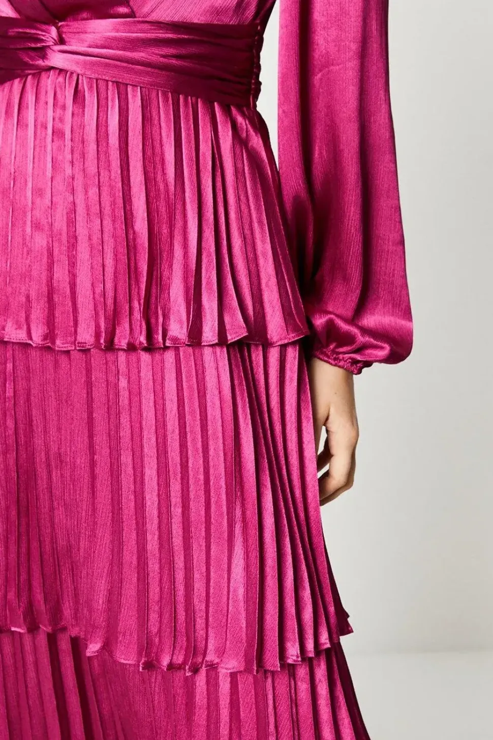 Tiered Pleated Skirt Satin Midi Dress With Long Sleeve
