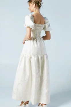 Tiered Puff Sleeve Jacquard Wedding Dress