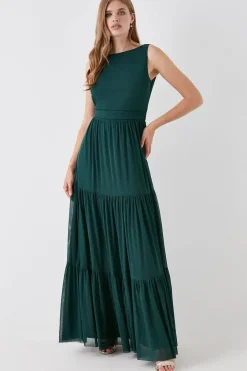 Tiered Skirt Stretch Mesh Bridesmaid Dress