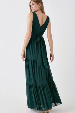 Tiered Skirt Stretch Mesh Bridesmaid Dress