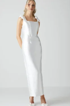 Tie Shoulder Corseted Satin Column Dress